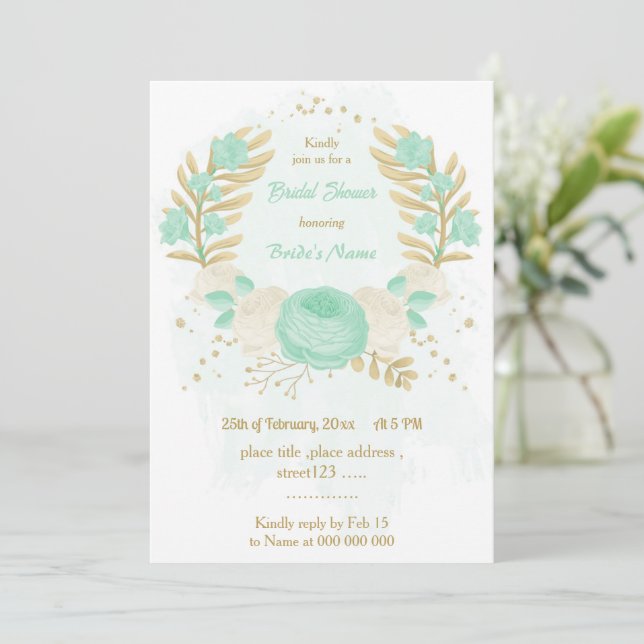 Invitation menthe vert fleurs blanches or floral nuptiale (Debout devant)