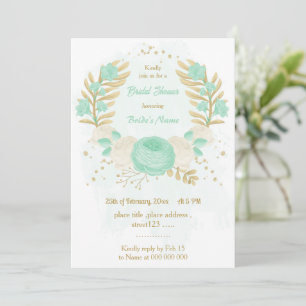 Invitation menthe vert fleurs blanches or floral nuptiale