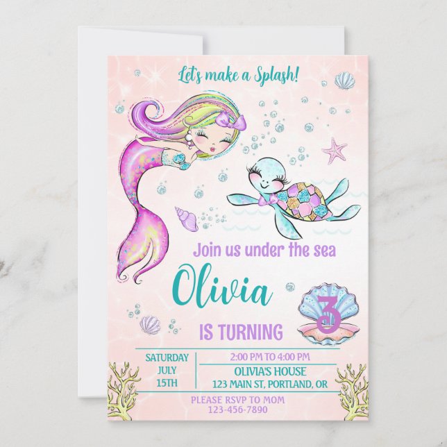 Invitation Mention d'anniversaire de sirène et de tortue sous (Devant)