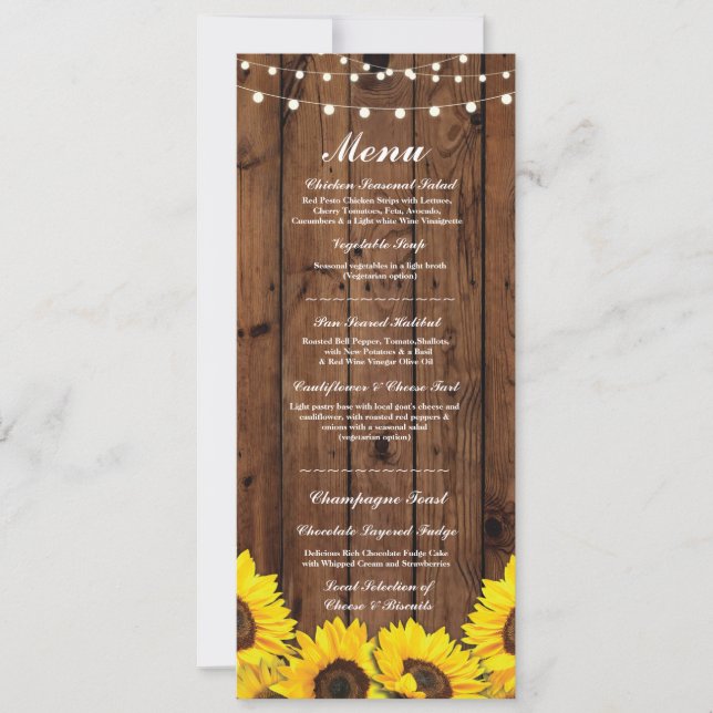 Invitation Menu Accueil Mariage Fleurs de soleil en bois rust (Devant)