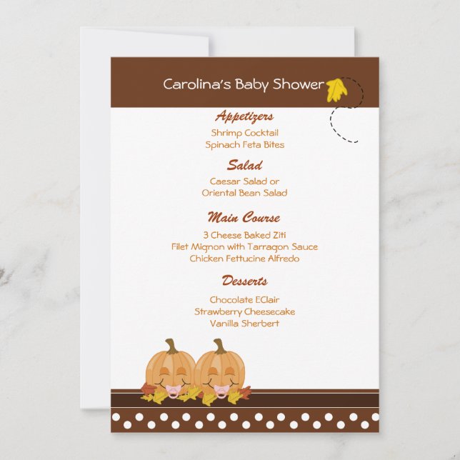 Invitation Menu Baby shower personnalisé Lil Citrouille Fall (Devant)