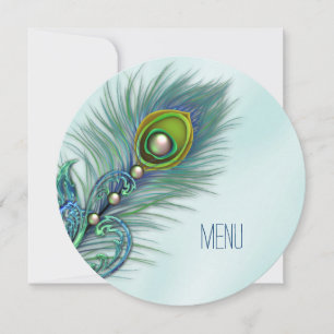Invitation Menu bleu pourpre et turquoise de mariage de paon