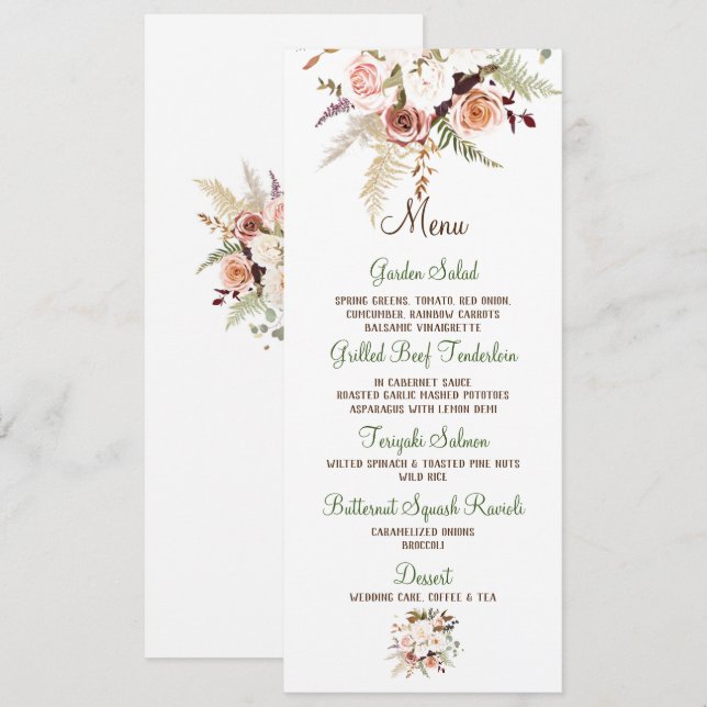 Invitation Menu Boho Soft Coloured Rose/White Flowers Mariage (Devant / Derrière)