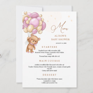 Invitation Menu de Baby Shower avec des Ballons Roses Ours