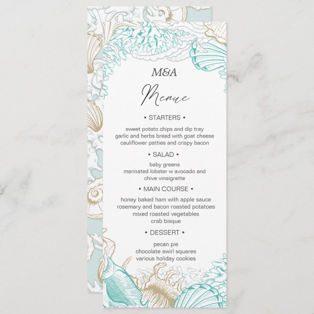 Invitation Menu de dîner de mariage côtier turquoise (Devant / Derrière)
