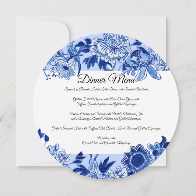 Invitation Menu de dîner floral bleu ciel d'influence asiatiq (Devant)