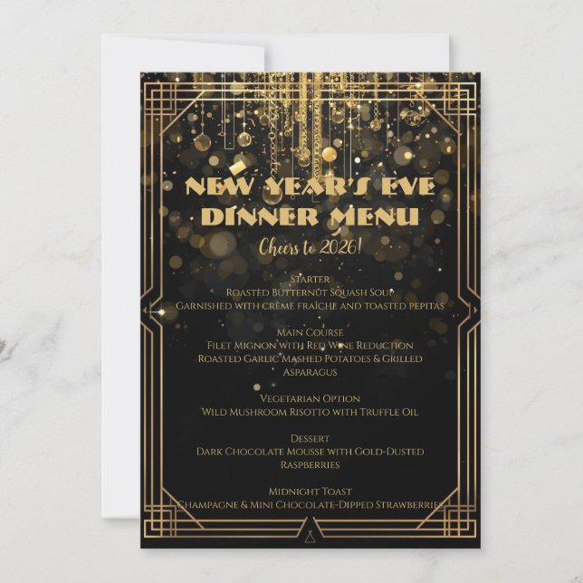 Invitation Menu de la Saint-Sylvestre | Élégant noir et or pa (Devant)