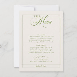 Invitation Menu de mariage classique vert olive ivoire callig