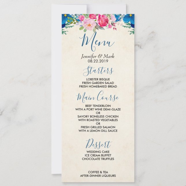 Invitation Menu de Mariage de bordure Pretty Rose et Blue (Devant)