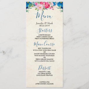 Invitation Menu de Mariage de bordure Pretty Rose et Blue