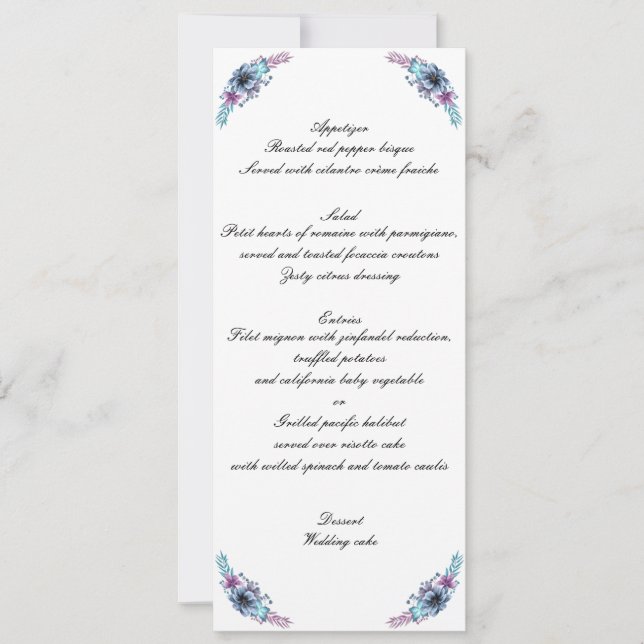 Invitation Menu de mariage floral aquarelle bleu et violet (Devant)