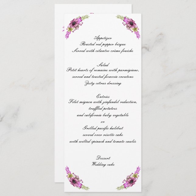 Invitation Menu de mariage floral aquarelle rose et vert (Devant / Derrière)