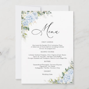 Invitation Menu de mariage floral avec des hortensias bleus