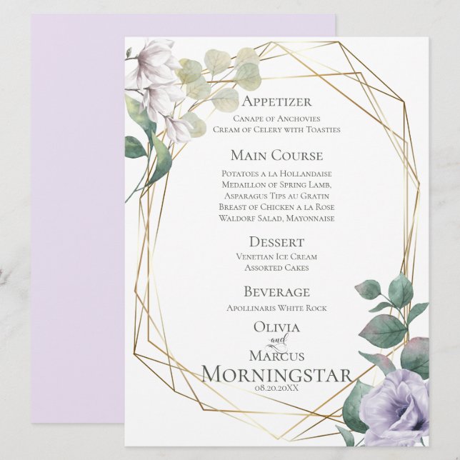 Invitation Menu de mariage | Lavender Peony Green Botanical M (Devant / Derrière)