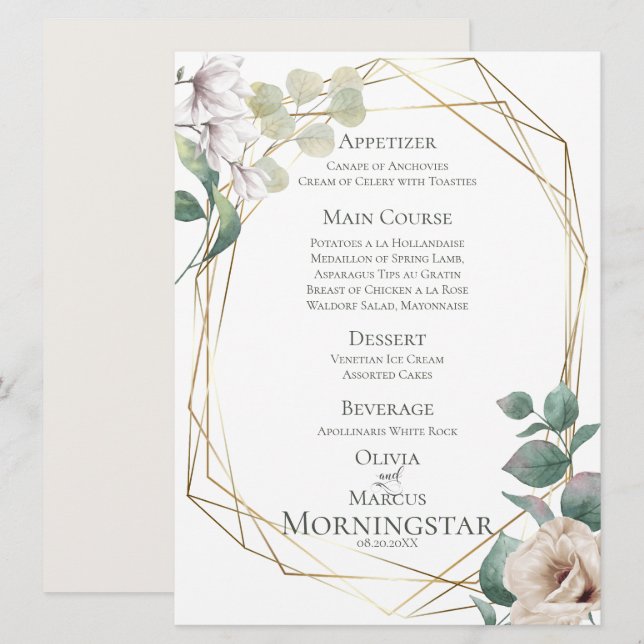 Invitation Menu de mariage | Peonies d'ivoire et Magnolias bl (Devant / Derrière)