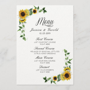 Invitation Menu de mariage rustique de grange avec tournesols