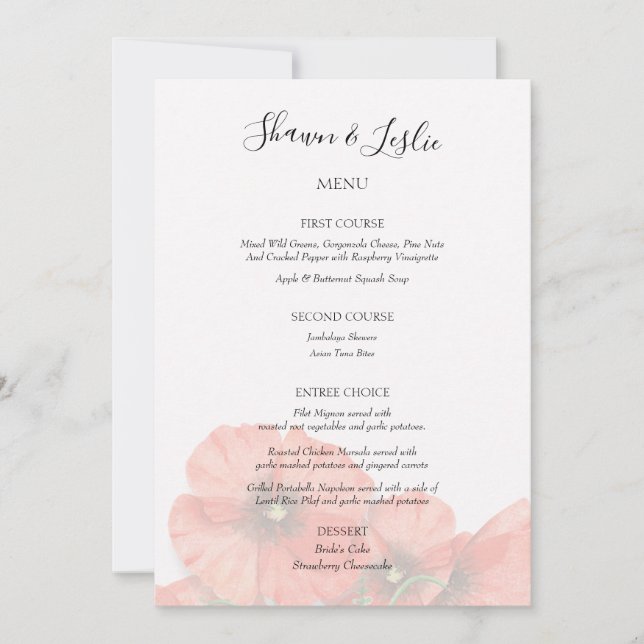Invitation Menu de réception de mariage aux fleurs de pavot (Devant)