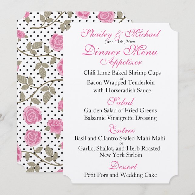 Invitation MENU DE RÉCEPTION DE MARIAGE Rose/Noir (Devant / Derrière)