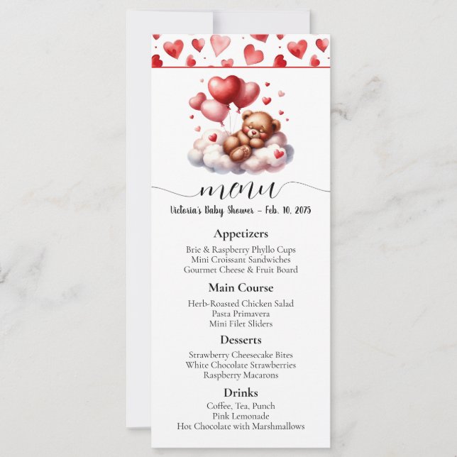 Invitation Menu du Baby shower de l'ours Valentine (Devant)