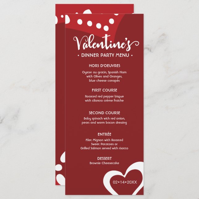 Invitation Menu du dîner de la Saint-Valentin sur mesure (Devant / Derrière)