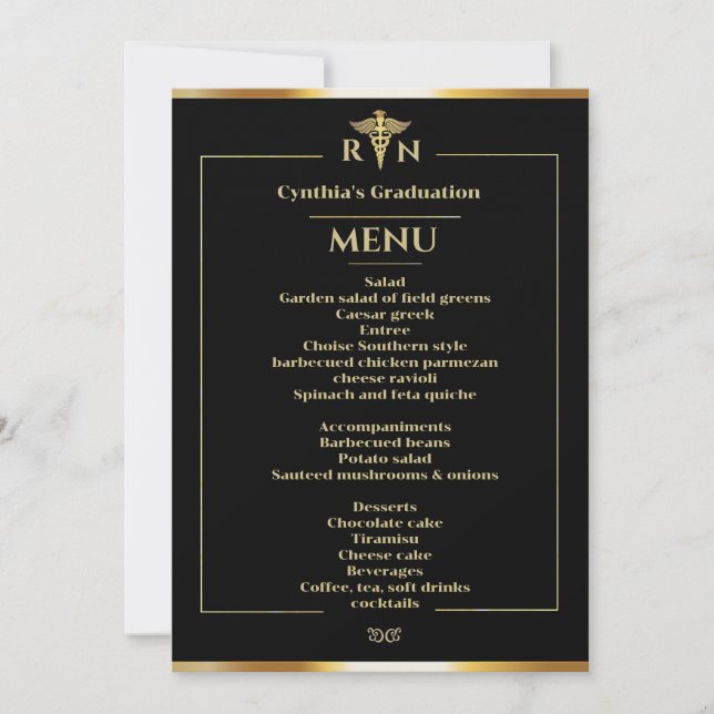 Invitation Menu du dîner Médicale Black & Gold (Devant)