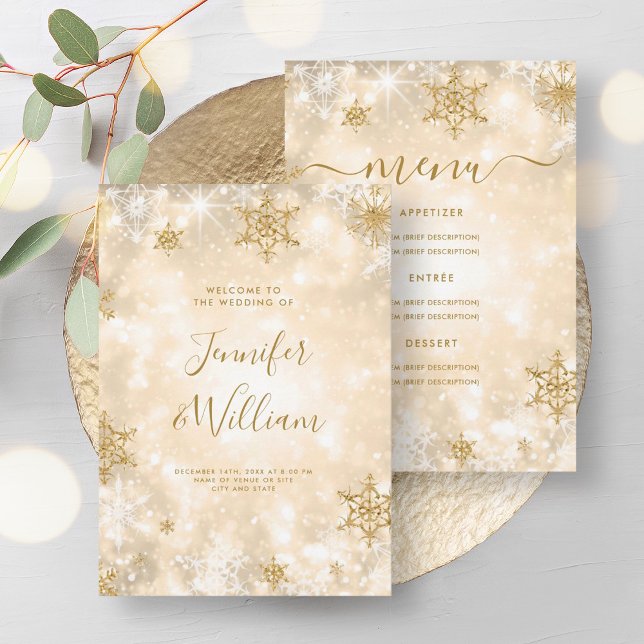 Invitation Menu Festive Sparkle Gold Winter Wedding (Festive Sparkle Gold Winter Wedding Menu Invitation)