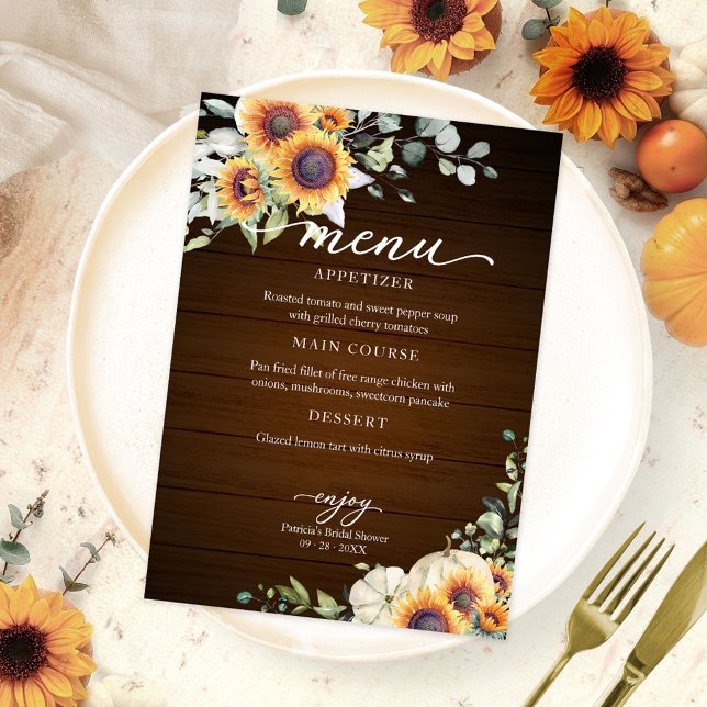 Invitation Menu Fête des mariées automne des tournesols verte (Créateur téléchargé)