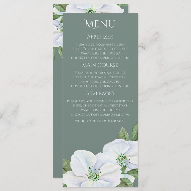 Invitation Menu Fleur de Pommier Blanche Mariage (Devant / Derrière)