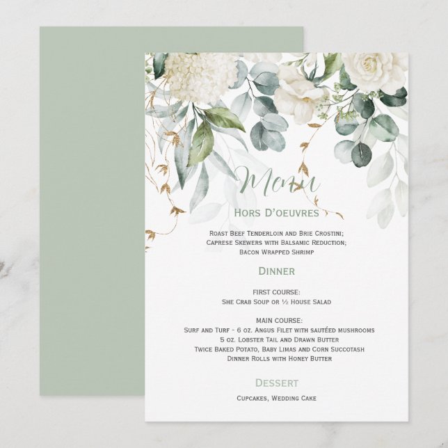Invitation Menu Floral blanc et Mariage Eucalyptus (Devant / Derrière)