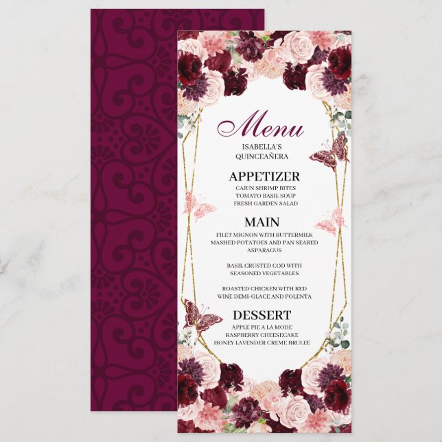 Invitation Menu Floral Quinceanera rose Bourgogne (Devant / Derrière)