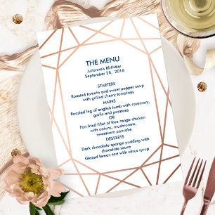 Invitation Menu géométrique élégant rose gold et bleu marine