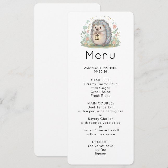 Invitation Menu Hérisson Mignon avec Lanterne (Devant / Derrière)