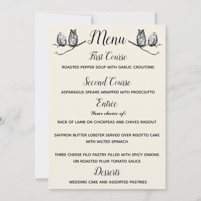 Invitation Menu Hiboux de la Forêt Rustique (Devant)