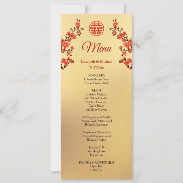 Invitation Menu Mariage chinois Red Cherry Blossom Gold (Devant)