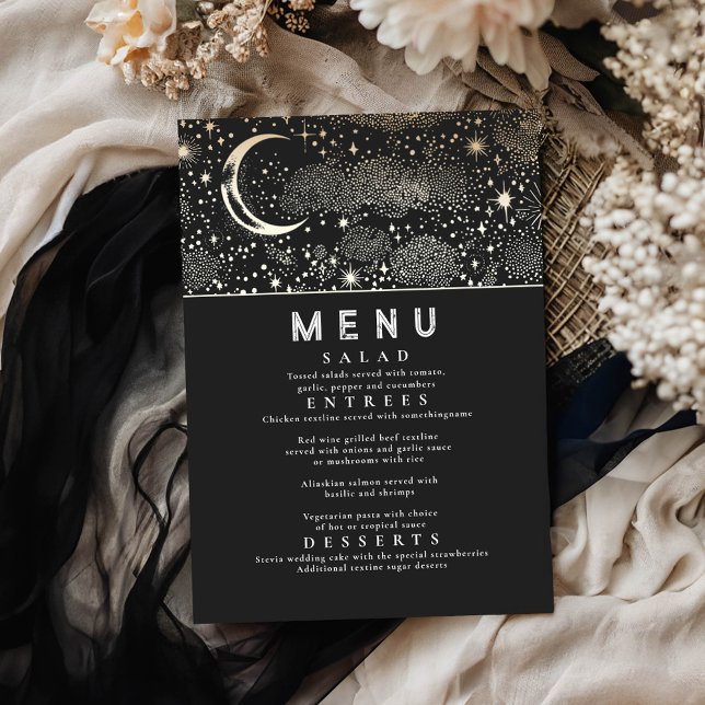 Invitation Menu Mariage de la Lune de nuit étoilée céleste (Celestial Black Menu Cards)