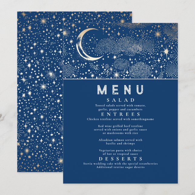 Invitation Menu Mariage de la Lune de nuit étoilée céleste (Devant / Derrière)