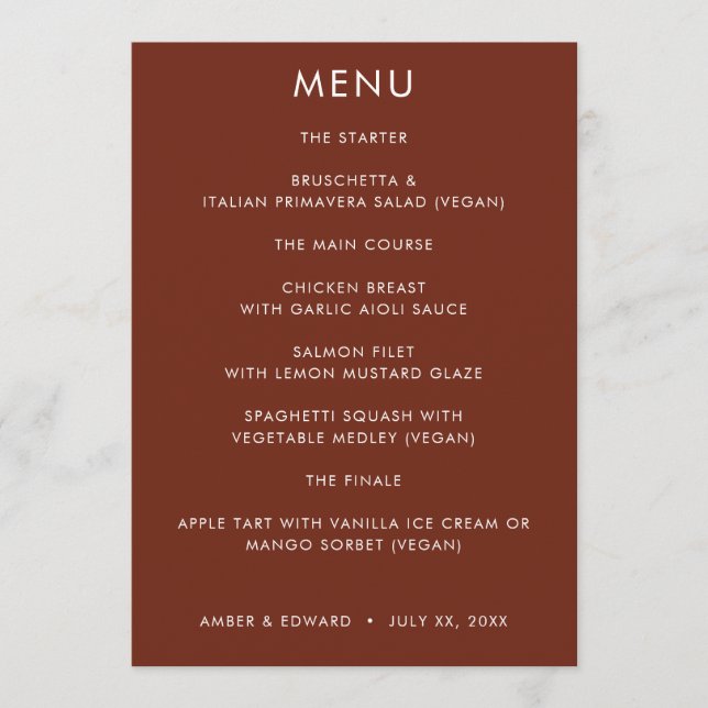 Invitation Menu Mariage moderne simple (Devant)