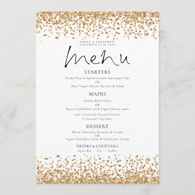 Invitation Menu Mariage Script Parties scintillant or imprima (Devant)