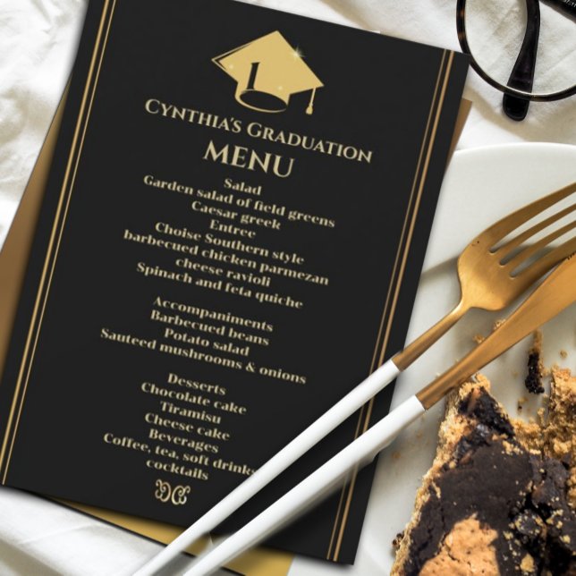 Invitation Menu Moderne Black Gold Graduation (Modern and stylish menu graduation announcement/invitation. #senior #sparkles#highschooluniversity)