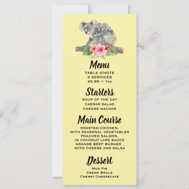 Invitation Menu Oursons Koalas Aquarelle Maman & Bébé (Devant)