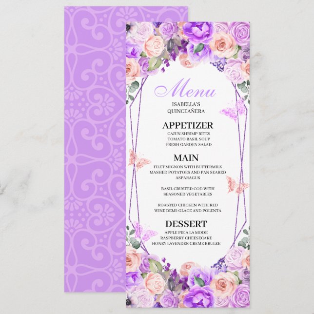 Invitation Menu Quinceanera Floral Rose & Purple (Devant / Derrière)