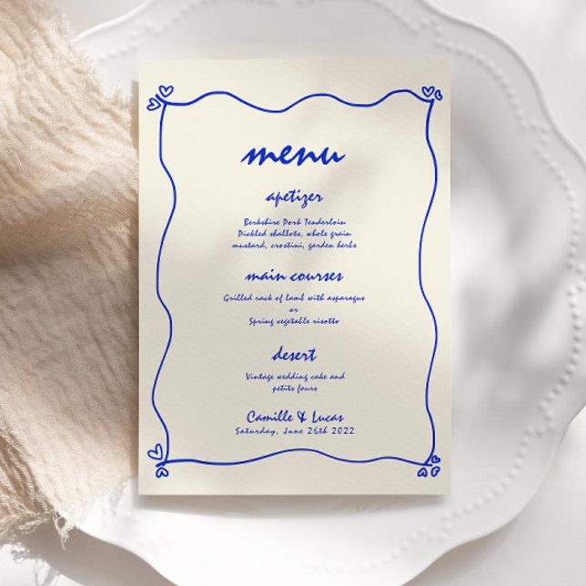 Invitation Menu Rétro à la main Whimsical Blue Mariage (Créateur téléchargé)