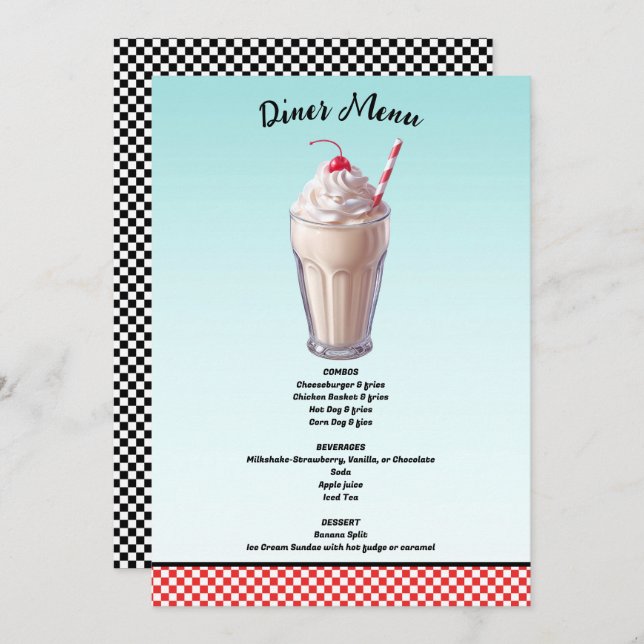 Invitation Menu Retro Diner Milkshake Ice Cree Party Menu (Devant / Derrière)