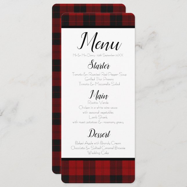 Invitation Menu Rouge et noir Plaid (Devant / Derrière)
