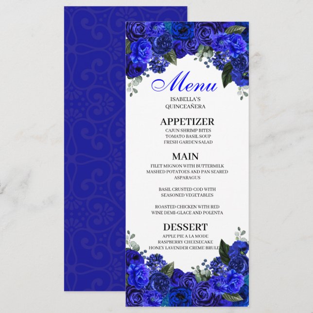 Invitation Menu Royal Blue Floral Quinceanera (Devant / Derrière)
