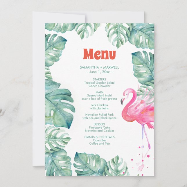 Invitation Menu tropical de Flamant rose d'aquarelle (Devant)
