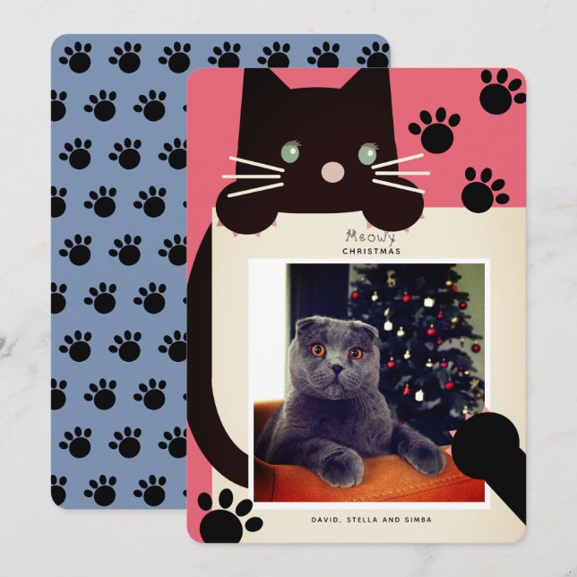 Invitation Meowy Christmas Black Cat Red Photo Holiday Card (Devant / Derrière)