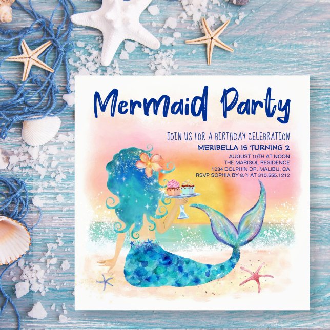 Invitation Mer de Mermaid | Beach Cupcakes & Starfish Anniver (Créateur téléchargé)