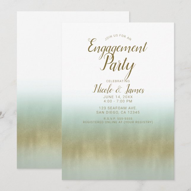 Invitation Mer Mer Or Blanc Elegant Beach Engagement Party (Devant / Derrière)
