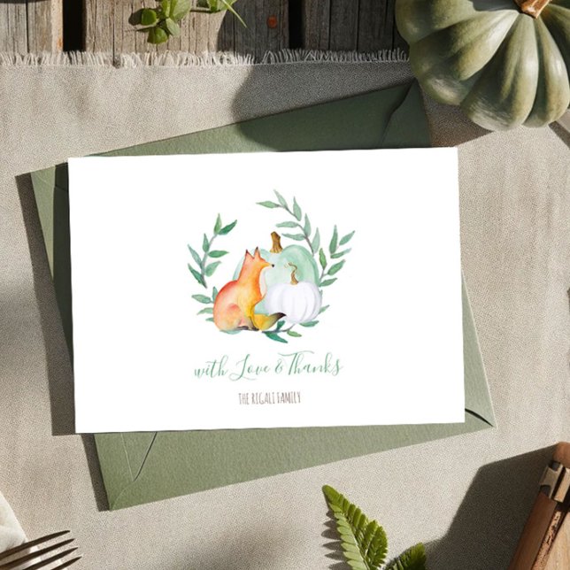 Invitation Merci de bois Citrouille Green Fox (Thank you card watercolor woodland fox and pumpkins fall )
